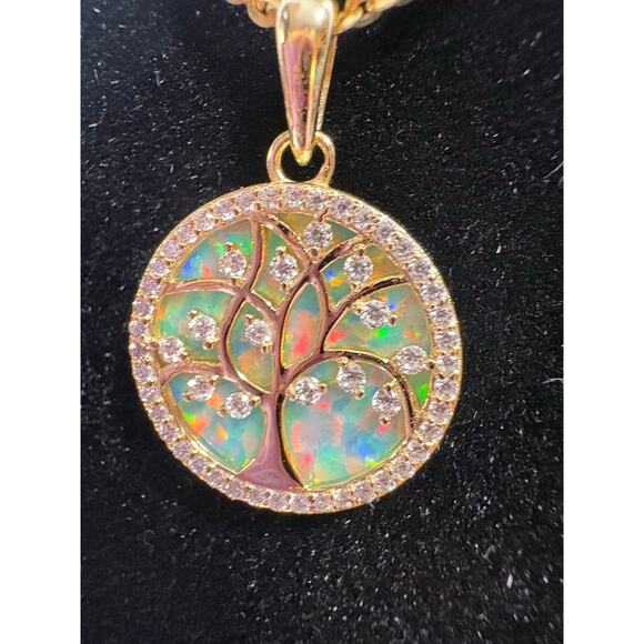 Moissanite Opal Tree of Life Necklace- 14k Vermeil over 925 - Picture 5 of 10